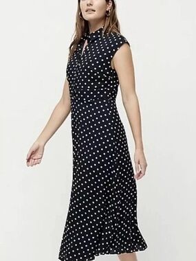 JCrew Midi Shirtdress with Pleated Skirt in Dot Print Navy Ivory Size 8